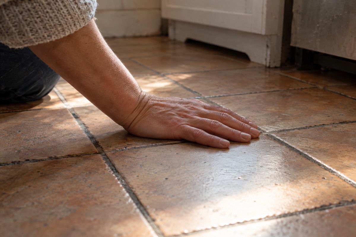 Hand resting on a floor tile that may be warm from a hidden leak
