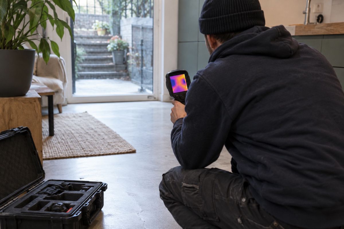 Plumber scanning a floor with a thermal imaging camera in a townhouse apartment