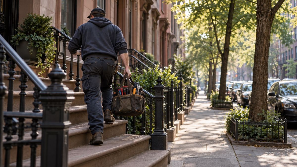 Plumber carrying a tool bag toward a Brooklyn brownstone front stoop in morning light
