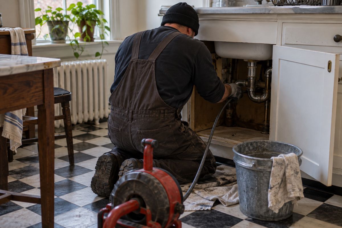 Plumber kneeling in an old apartment kitchen feeding a drain cable under the sink