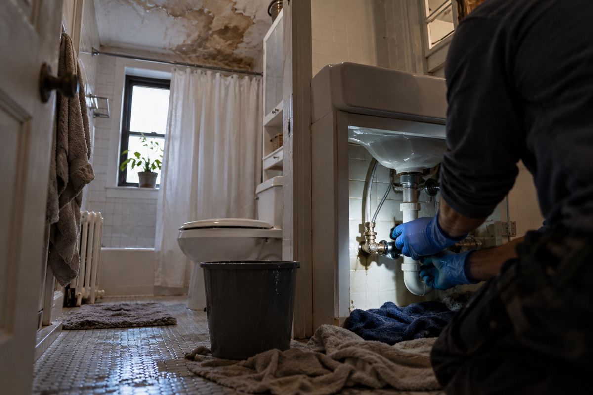 Plumber's hands closing a shutoff valve under a sink beside a water-stained ceiling