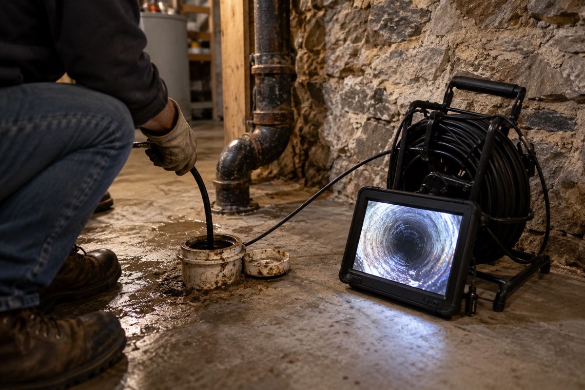 Sewer camera cable running into a basement cleanout in a row house