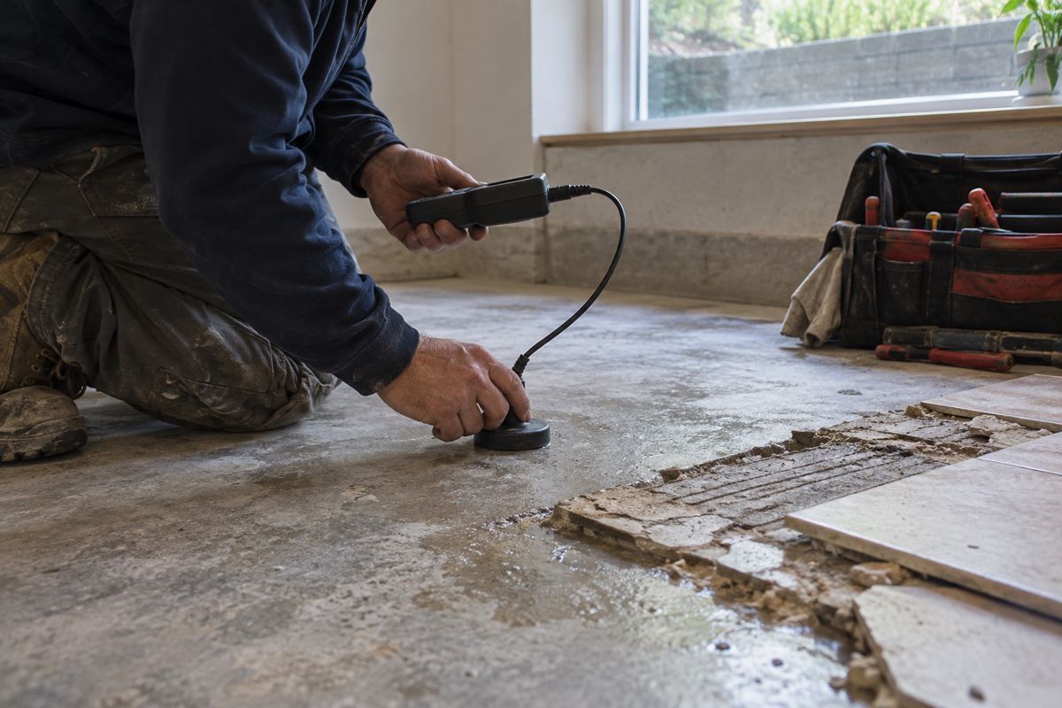 Plumber holding a leak detection device against a concrete floor in a garden apartment