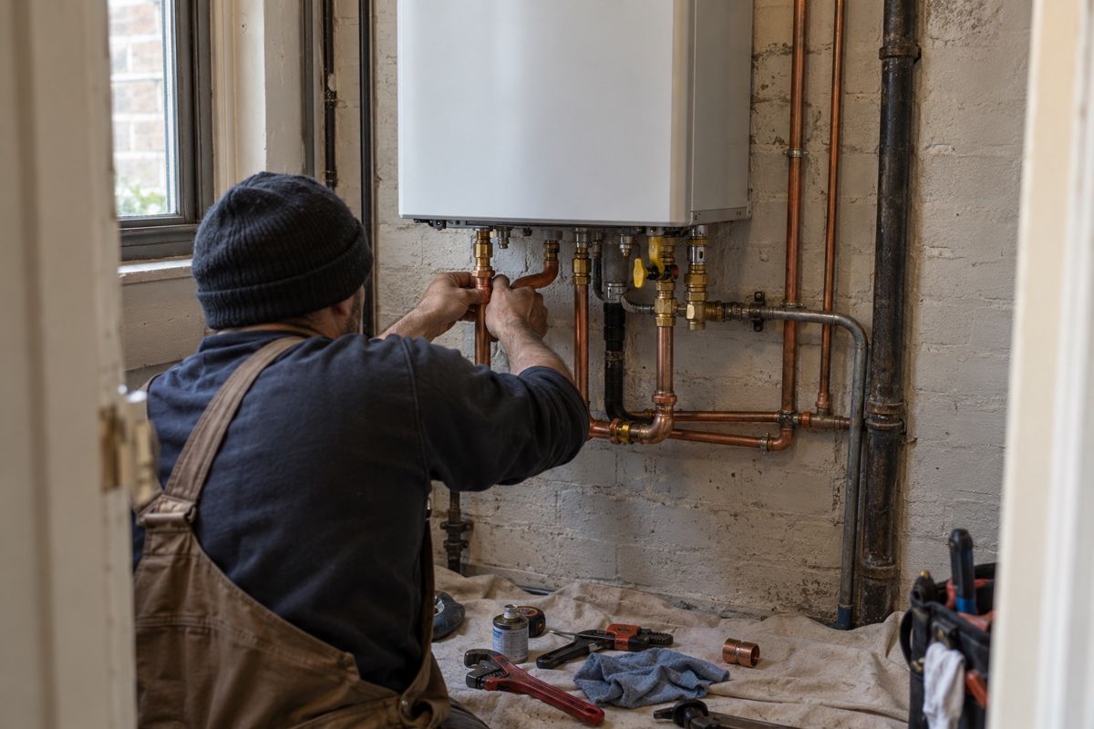Plumber's hands connecting copper pipe to a tankless water heater on a brick wall